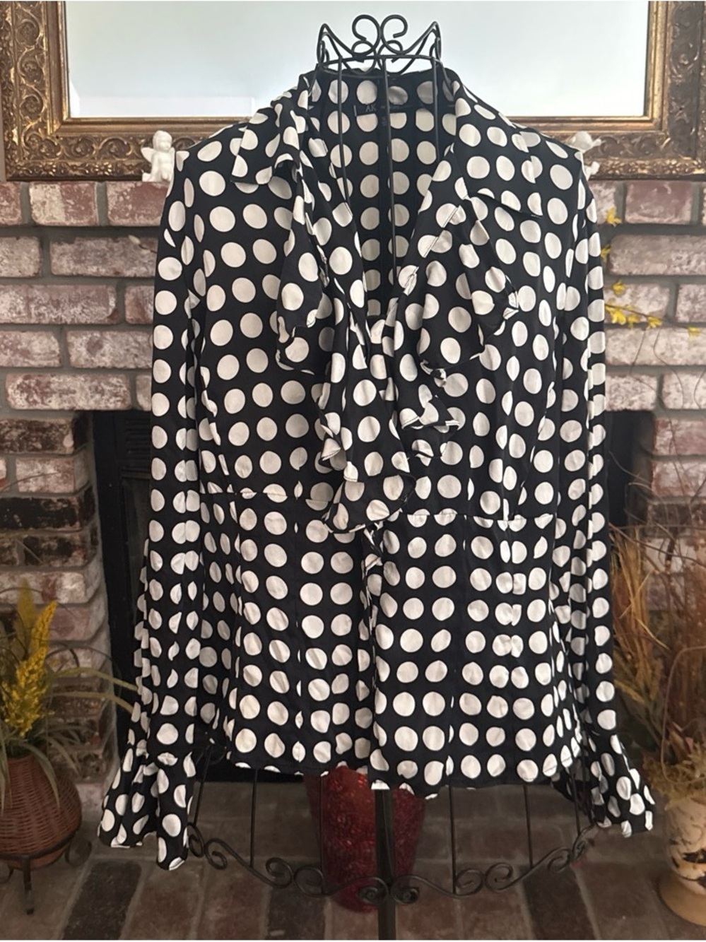 Anne Klein satin black & white polka dot button down ruffle bell cuff blouse